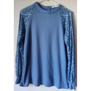 NWT Miholl‎ Women's Blue Long Sleeve Thermal Lace Sleeve Top Size M Back Zip